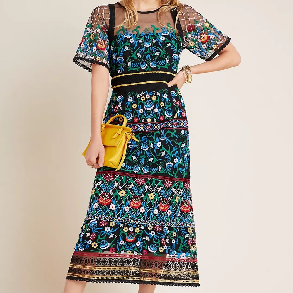 Anthropologie Esther Embroidered Midi Dress sz 8